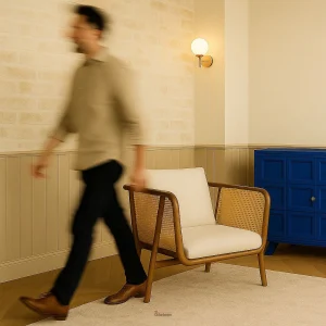 CaneCharm Armchair with a handwoven cane back, solid wood frame, and upholstered seat — perfect for cozy, stylish corners.