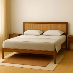 CaneNest Bed with solid wood frame and woven cane headboard — perfect for boho, tropical, or minimalist bedrooms.