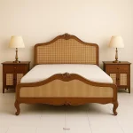 CaneRegal Queen Bed – solid wood queen-size bed with handwoven cane headboard and footboard, elegant and breathable design.
