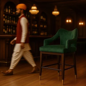 Cayo Bar Chair crafted from solid wood with tall legs, backrest, and footrest — ideal for modern bars and counters.