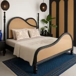 Eclipse Solid Wood Bed – a modern wooden bed with wide headboard, clean lines, and premium natural finish.
