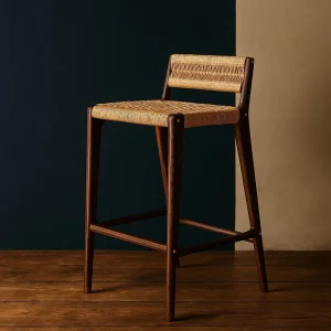 Nimbus Bar Chair – upholstered modern bar chair with curved backrest and solid wood legs in minimalist design.