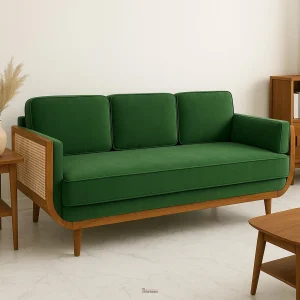 RattanLuxe Sofa – handwoven rattan and solid wood sofa with plush cushions, perfect for boho and natural living room interiors.