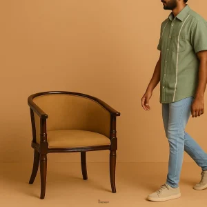 SageWood Chair – handcrafted solid wood armchair with clean lines, curved armrests, and minimalist design.