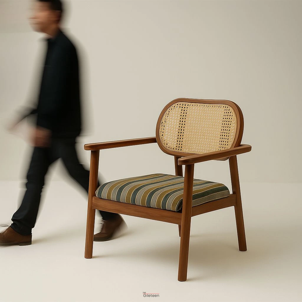 Titus Lounge Chair made from solid wood with low seat, angled back, and deep cushioned comfort — ideal for modern relaxed interiors.