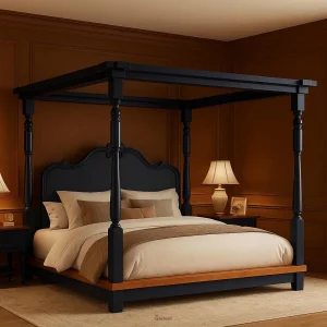 Florentina Poster Bed – handcrafted solid wood four-poster bed with arched headboard and vintage European design.