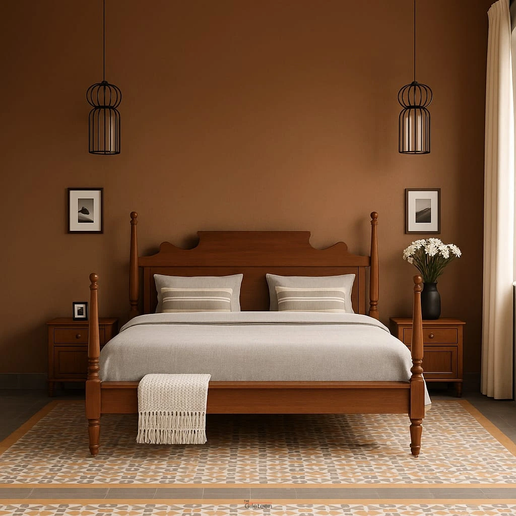 Vintage Style Four Poster Bed made of solid teak wood with sculpted posts and classic silhouette.