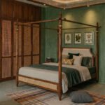 Handcrafted solid wood poster bed with cane panel design in luxury bedroom setting
