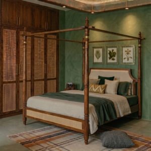 Handcrafted solid wood poster bed with cane panel design in luxury bedroom setting