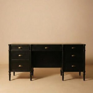 Black solid wood writing desk with multiple drawers and brass handles