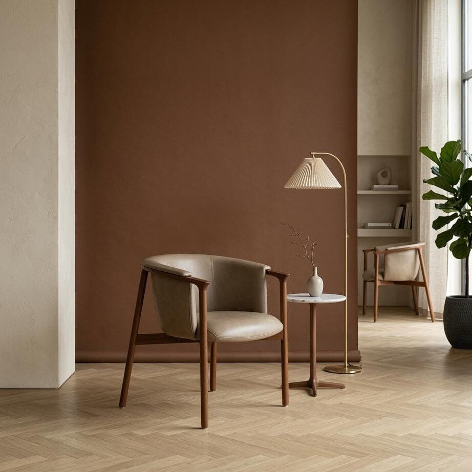 Modern solid wood dining armchair with beige leatherette upholstery and curved backrest