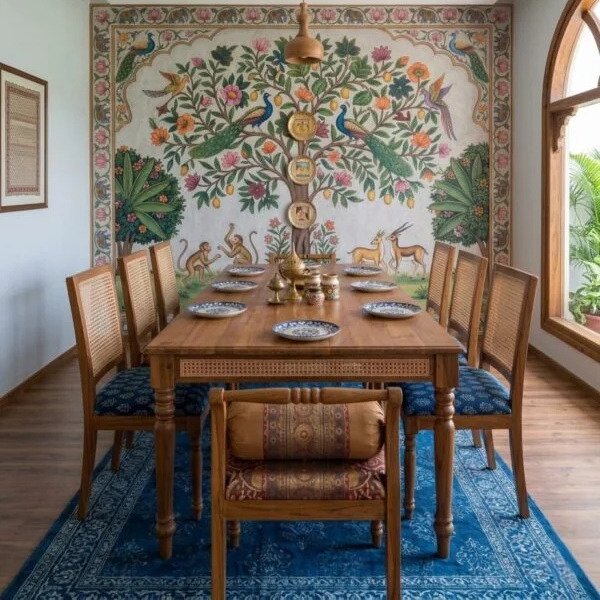 Wooden dining table set with cane chairs placed in a heritage-style dining room with colorful wall mural and natural lighting.