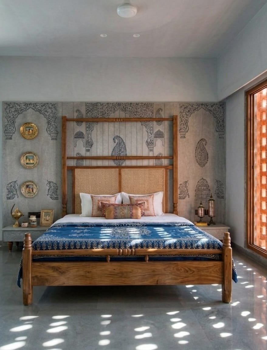 Royal wooden bed with cane headboard placed in a heritage-style bedroom with artistic wall patterns and natural sunlight.