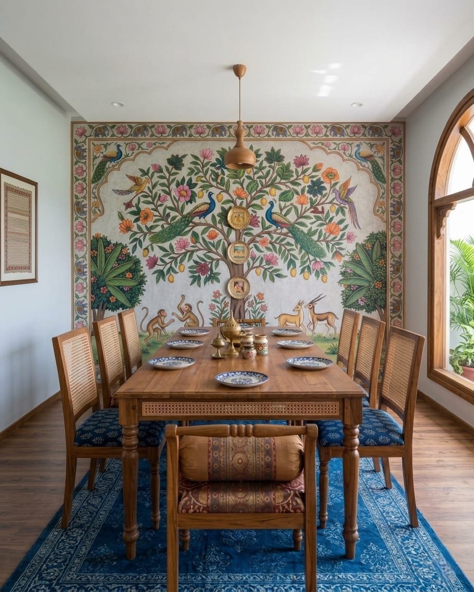 Wooden dining table set with cane chairs placed in a heritage-style dining room with colorful wall mural and natural lighting.