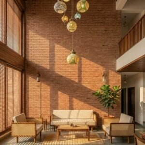 Wooden cane sofa set with beige cushions placed against a terracotta brick wall in a modern lounge setting