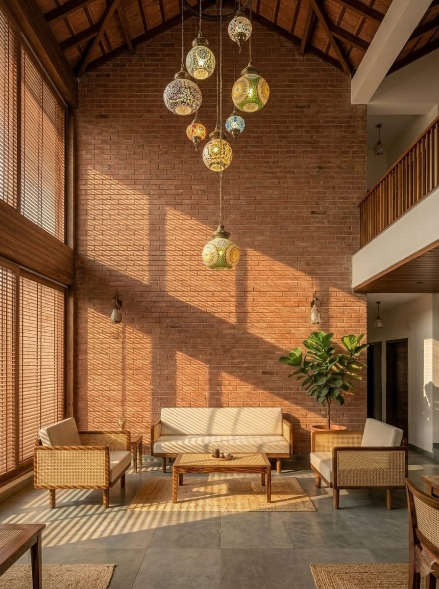 Wooden cane sofa set with beige cushions placed against a terracotta brick wall in a modern lounge setting