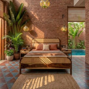 A wooden bed with a cane headboard in a rustic bedroom with red brick walls, tropical plants, and a private pool view.