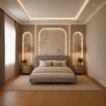 Solid Acacia wood bed with upholstered headboard and matching bedside tables.