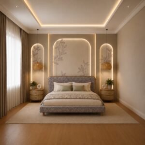 Solid Acacia wood bed with upholstered headboard and matching bedside tables.