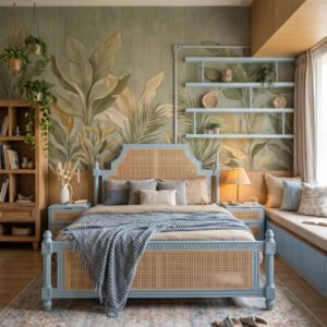 Florence Cane king-size bed with pastel blue wooden frame, natural woven cane headboard and footboard, decorative posts, and carved-style detailing.