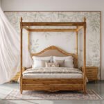 Aurelia Canopy Bed with natural wood-tone four-poster frame, decorative carved details, upholstered curved headboard, and wooden footboard.