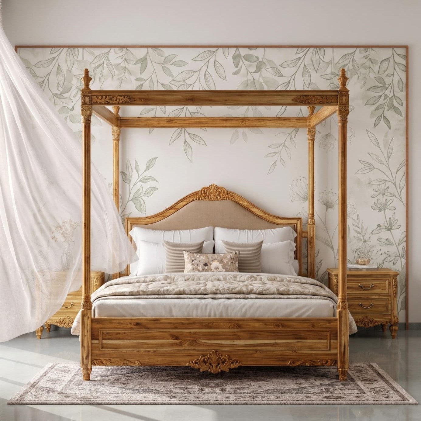 Aurelia Canopy Bed with natural wood-tone four-poster frame, decorative carved details, upholstered curved headboard, and wooden footboard.