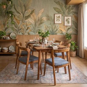 Elio six-seater dining set with natural wood-tone rectangular table, rounded corners, tapered legs, and six wooden chairs with blue-grey upholstered seats.
