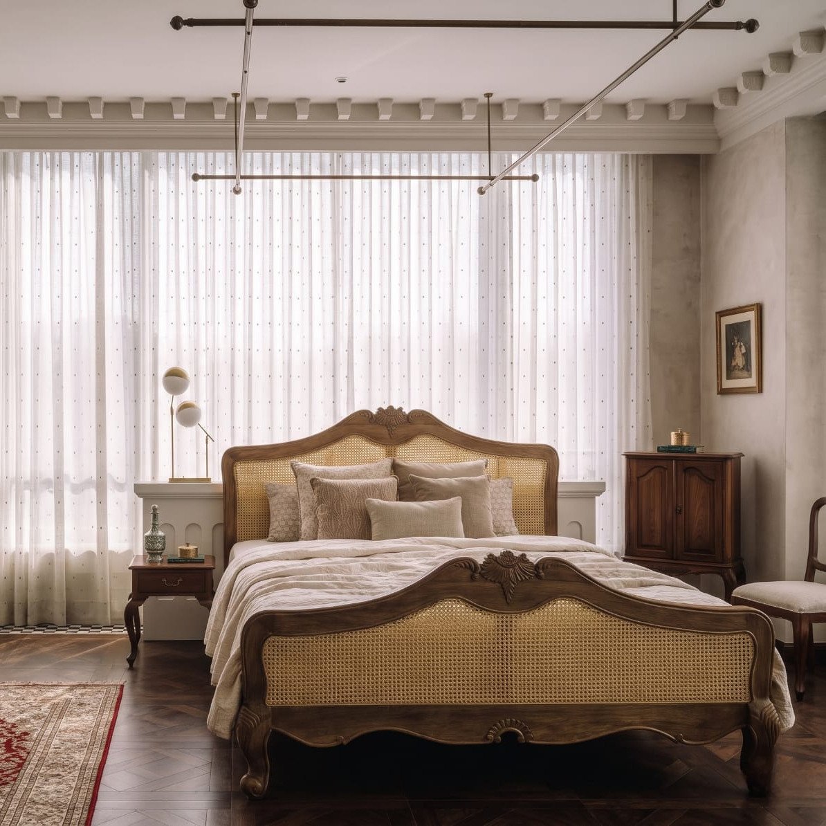 Celeste Cane Bed with curved wooden headboard and footboard, natural cane panels, carved detailing, and king size 72 × 78 inches.
