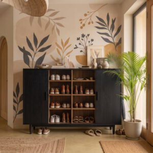 Elara Shoe Cabinet with black exterior, natural wood-tone open shoe shelves, two side doors, and raised legs, measuring 180 × 45 × 90 cm.