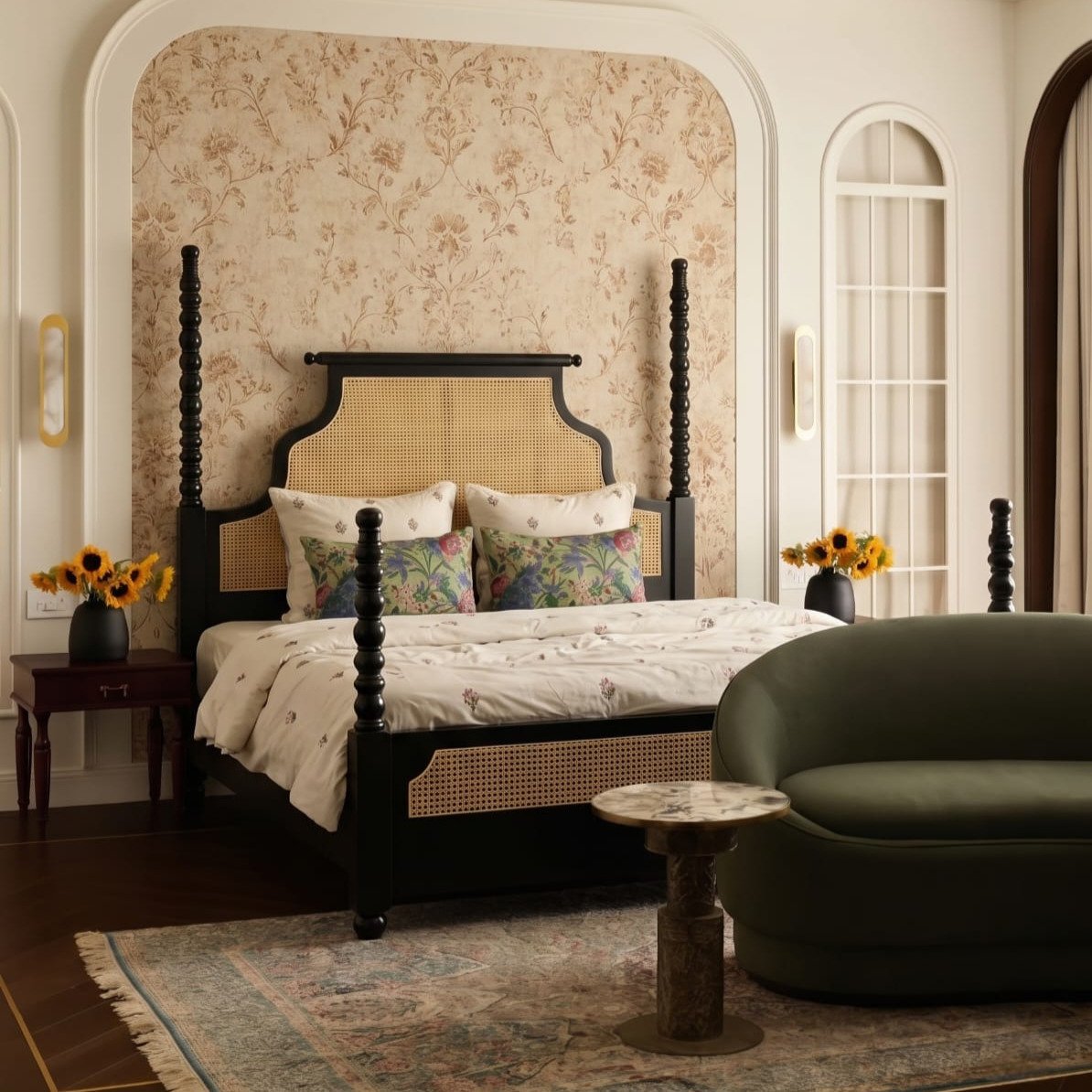 Verona Cane King Size Bed with black wooden frame, curved natural cane headboard, matching cane footboard, and decorative turned wooden posts.