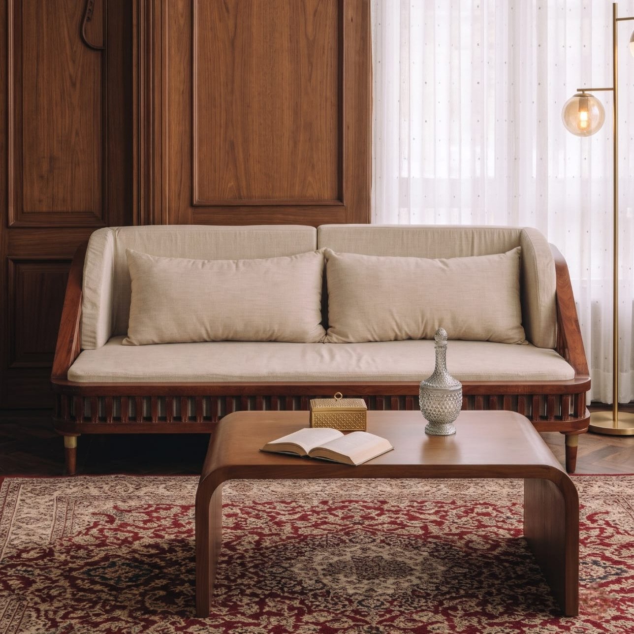 Aureon Wooden Sofa – Walnut Finish Upholstered Sofa Aureon Wooden Sofa with walnut-tone curved wooden frame, beige upholstered seat and backrest, vertical wooden slat detailing, measuring 190 × 78 × 85 cm.
